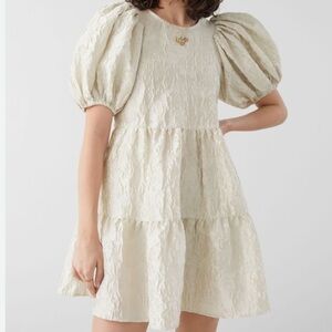 & Other Stories Cream Floral Jacquard Satin Puff Sleeve Babydoll Mini Dress NWT